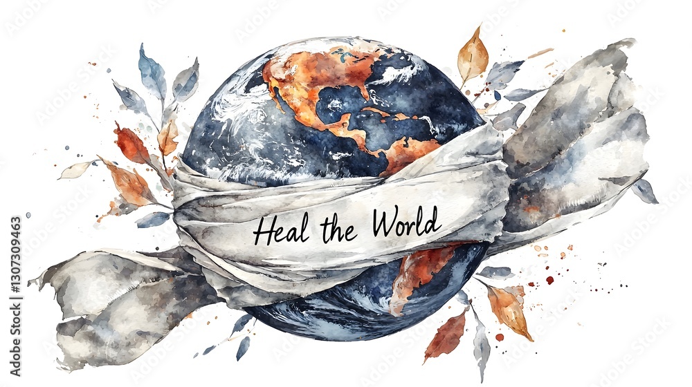 Obraz premium Healing the Earth A Powerful Watercolor Painting of the Globe Wrapped in a Bandage with a Hand Painted Message Calling for the and Protection of Our Fragile Planet