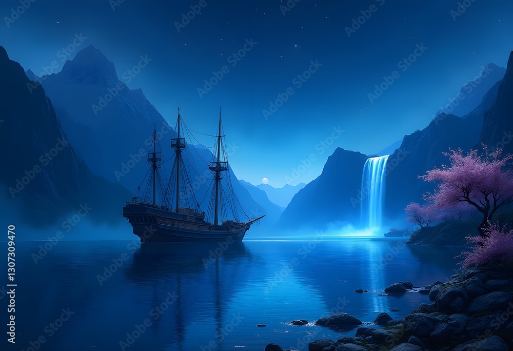 Obraz premium Viking Ship by a Misty Fjord: A wooden Viking ship docked by a fjord, surrounded by mist and tall mountains. 