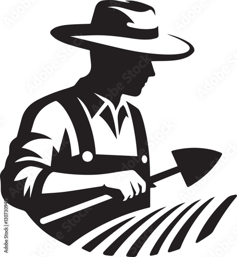 Farmer silhouette working the land with shovel in black and white art
