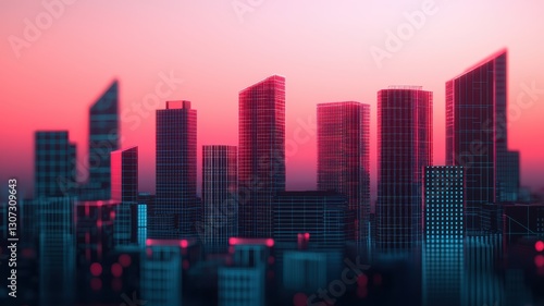A vibrant city skyline at sunset, featuring modern skyscrapers with a blend of glass and lighting effects, creating a dynamic urban atmosphere.