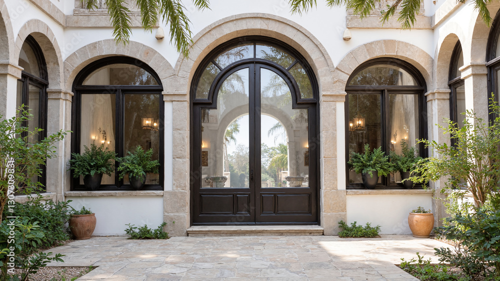 A grand entrance with arched doorways and large windows leading to a courtyard with lush greenery and palm trees. A grand entrance with arched doorways and large windows leading to a courtyard with lush greenery and palm trees.