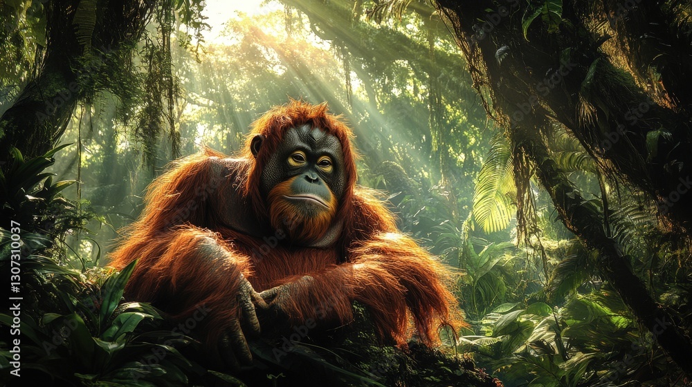 Obraz premium A serene orangutan perched on a rock bathed in sunlight amidst a verdant forest; its gentle expression captivates within nature's embrace