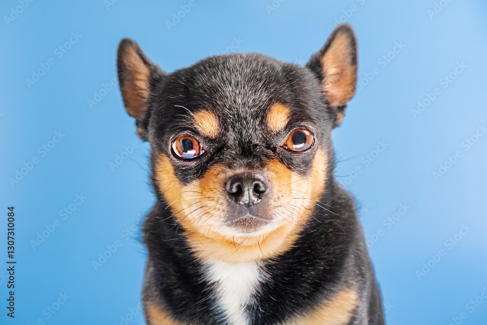 Chihuahua tricolor dog on a blue background. Pet, dog, studio photo.