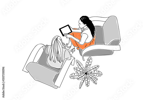 Two business women working together top view scene. Black and blonde girls sitting in the armchairs in lounge zone, meeting, discussing. Vector simple outline illustration Isolated