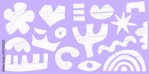 Set of hand drawn modern shapes with crayon textures. Trendy collections of abstract doodle pieces. Creative collage with funky abstract geometric objects