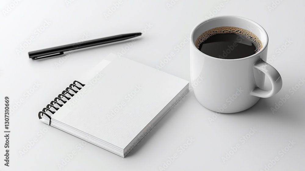 Blank notepad, coffee, pen on white surface; mock-up for branding Blank notepad, coffee, pen on white surface; mock-up for branding