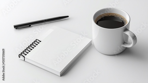 Blank notepad, coffee, pen on white surface; mock-up for branding