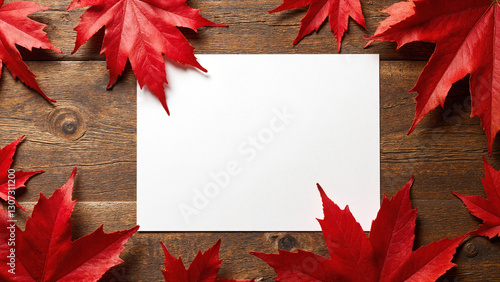 Wallpaper Mural A blank white square framed by vibrant red maple leaves on a rustic wooden background. Torontodigital.ca