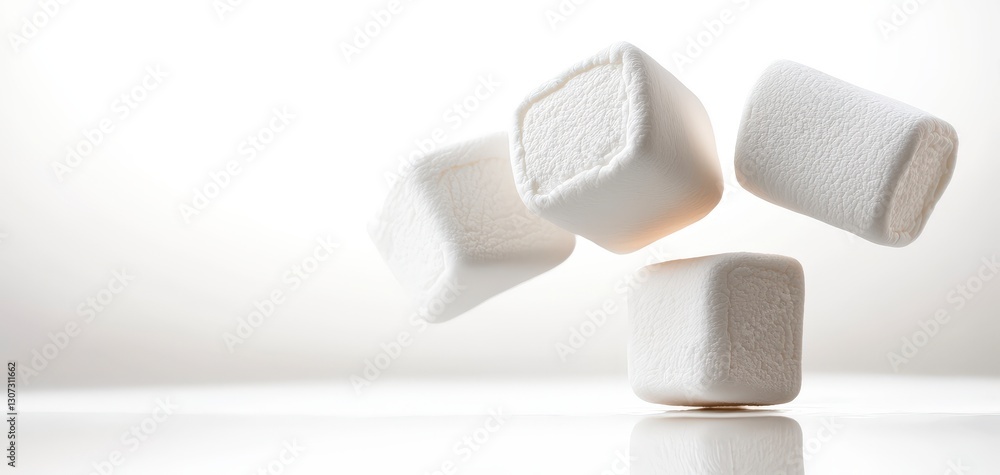 Floating Marshmallows on Bright Surface, Minimalist Composition Showcasing Whimsical Texture and Pure Color Floating Marshmallows on Bright Surface, Minimalist Composition Showcasing Whimsical Texture and Pure Color