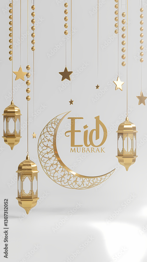 Minimalist Eid Mubarak Line Islamic Art Illustration Featuring Elegant Gold Lanterns, Crescent Moon, and Hanging Stars on a Clean White Background for a Sophisticated Ramadan Eid Festive Design Minimalist Eid Mubarak Line Islamic Art Illustration Featuring Elegant Gold Lanterns, Crescent Moon, and Hanging Stars on a Clean White Background for a Sophisticated Ramadan Eid Festive Design