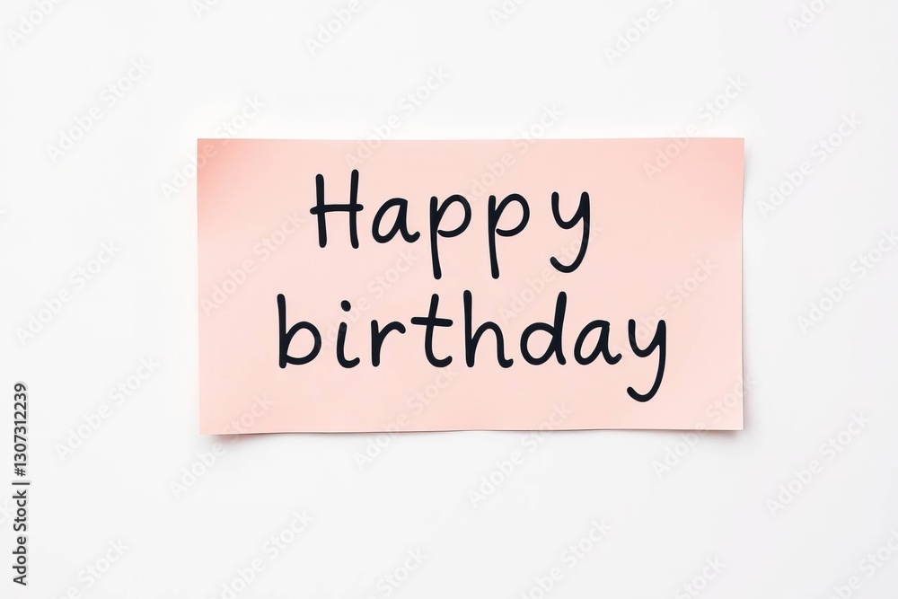 Text Happy birthday on pink note on white background Text Happy birthday on pink note on white background