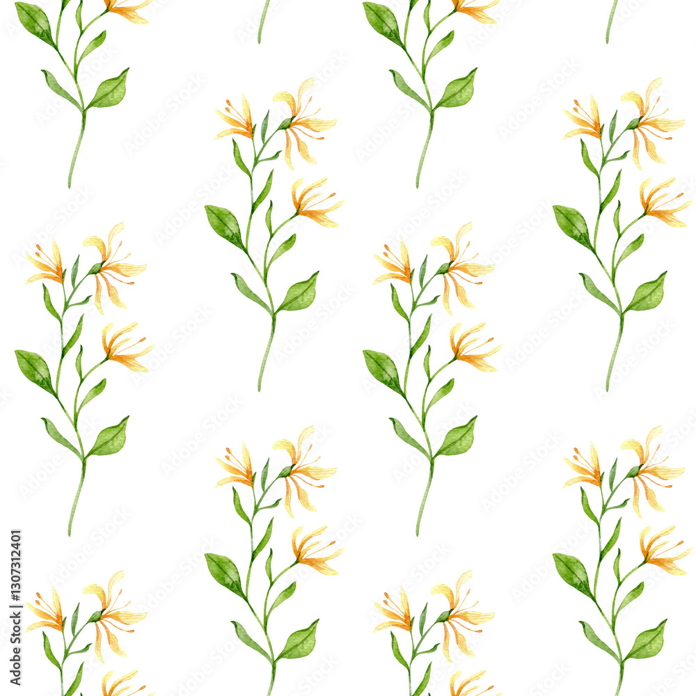 Fototapeta premium Floral seamless background watercolor. Honeysuckle seamless pattern. Floral background with Honeysuckle. June birth month flower. Botanical Background for wallpapers, wrapping paper, textile