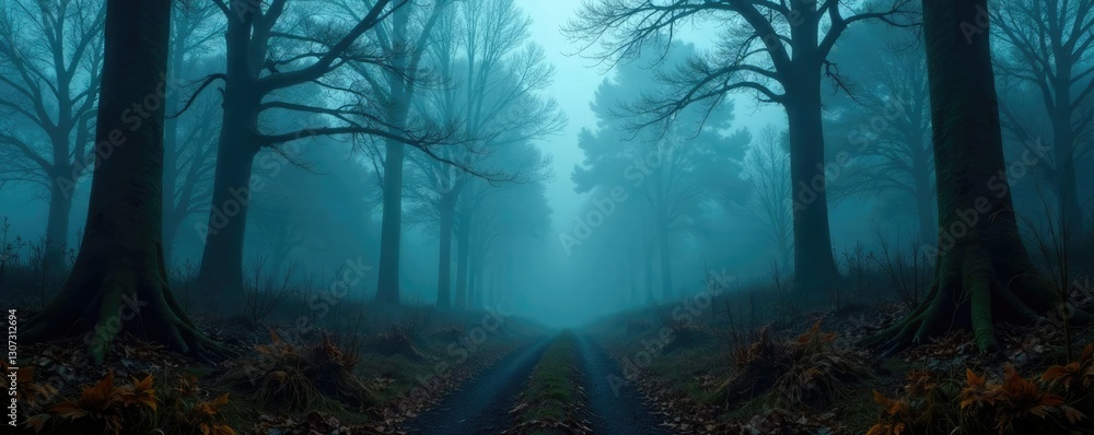 Fog rolls through the forest eerie and deserted, silence, atmosphere Fog rolls through the forest eerie and deserted, silence, atmosphere