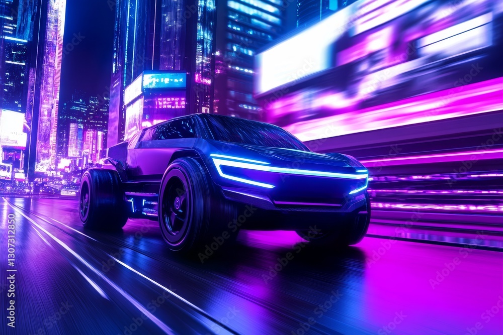 Fototapeta premium Futuristic Electric Truck City Drive - Sleek electric truck speeding through a vibrant neon city at night. Dynamic motion blur effect