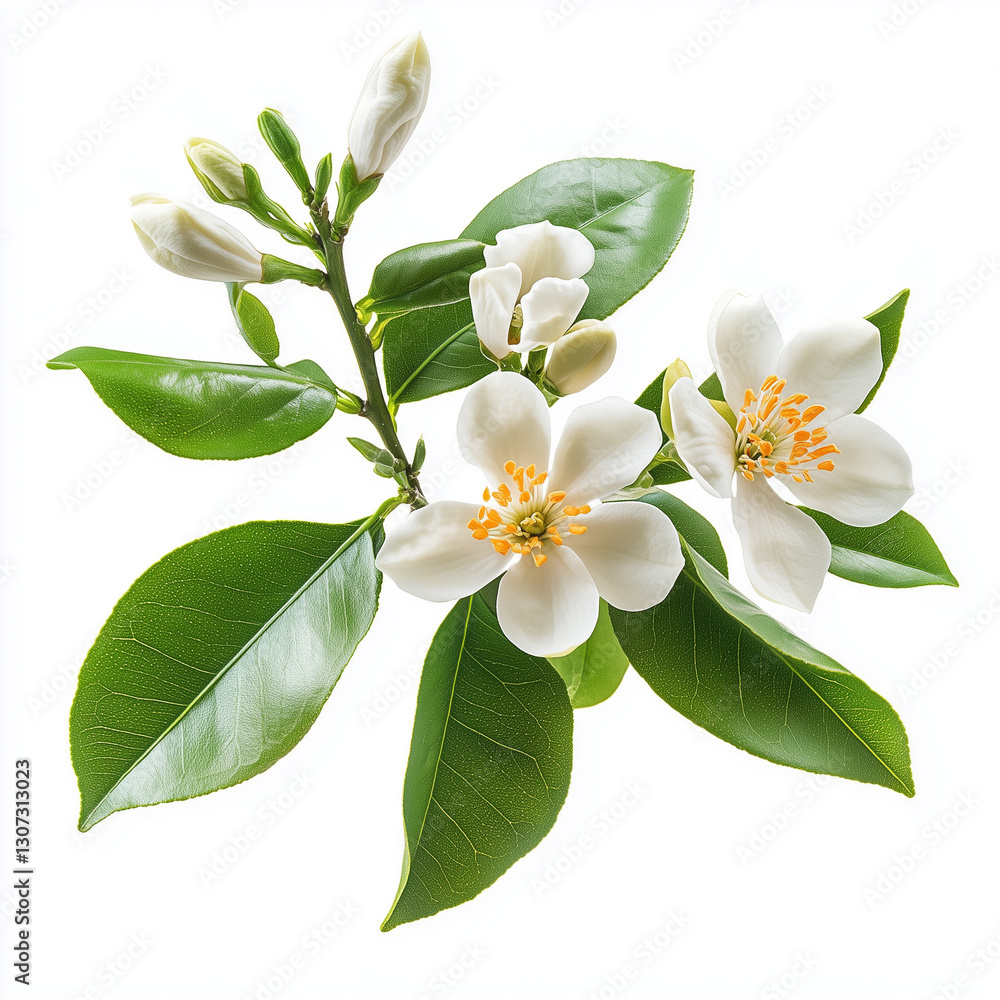 Obraz premium Orange blossom with green leaves and delicate floral details on white background