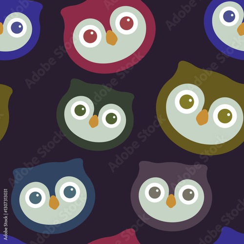 Cute Cartoon Owl Faces Seamless Pattern in Vibrant Colors