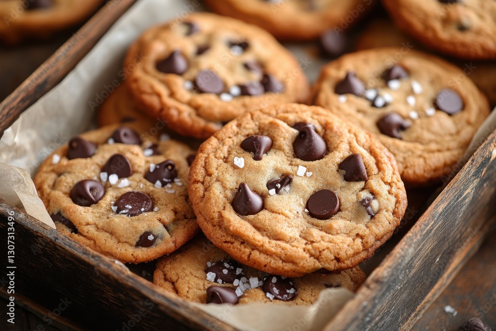 Freshly baked chocolate chip cookies with sea salt arranged in a rustic wooden tray A sweet and savory treat ready to enjoy Freshly baked chocolate chip cookies with sea salt arranged in a rustic wooden tray A sweet and savory treat ready to enjoy