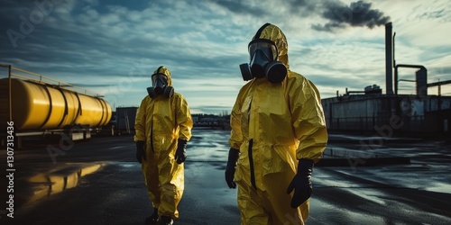 Safety-focused workers in full-body suits ensuring health precautions. photo