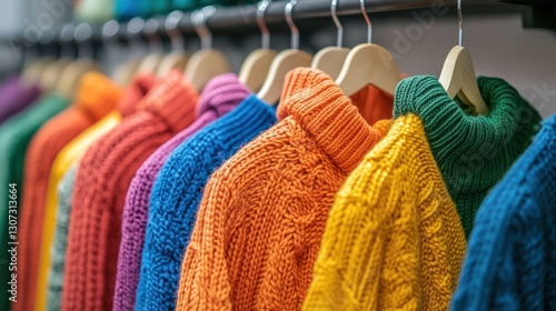 Colorful knitted sweaters hanging on wooden hangers in a row.