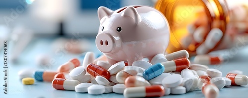 Piggy bank in the center of scattered medicine representing the increasing costs of pharmaceuticals