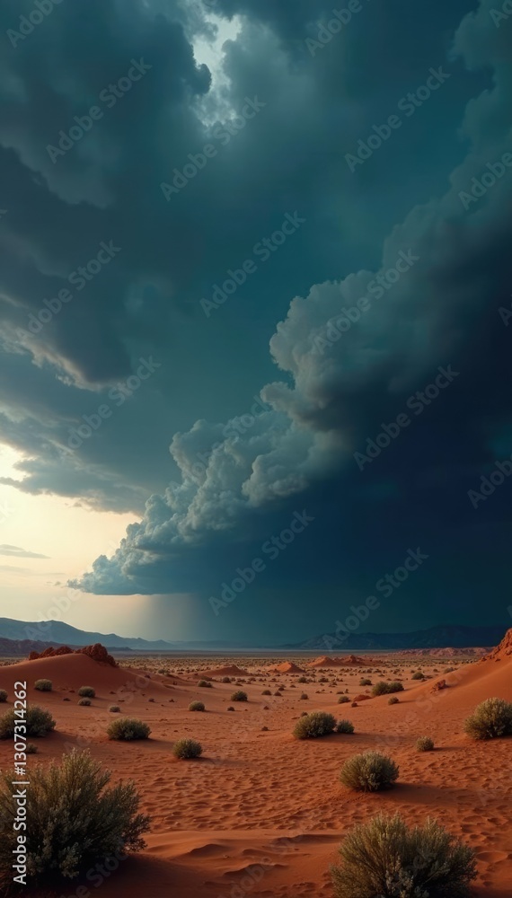 Fototapeta premium Dark storm clouds above a vast desert landscape, isolation, solitude