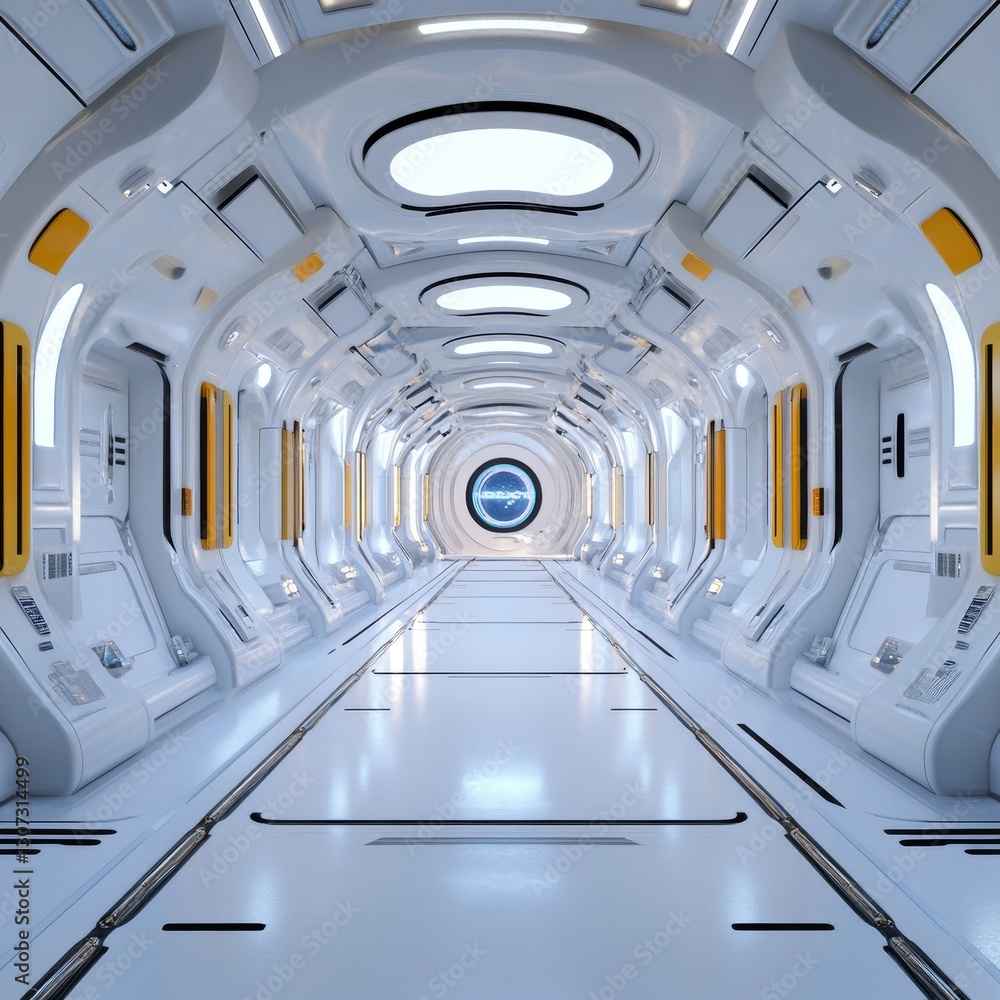 Obraz premium Futuristic Spaceship Corridor - Clean, modern spaceship hallway with white walls, yellow accents, and a glowing portal at the end. Ideal for sci-fi, technology, and futuristic concepts