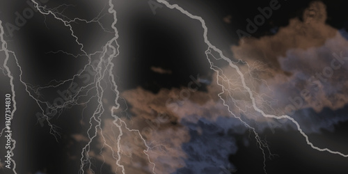 Lightning strikes in sky. Strong thunder storm in black clouds. Fork lightning striking down during summer storm. Marble texture, decorative dark stone. Blue neon.


