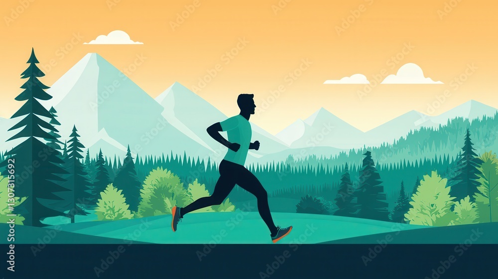 Runner in scenic mountain landscape outdoor fitness activity nature sunrise dynamic viewpoint healthy lifestyle concept Runner in scenic mountain landscape outdoor fitness activity nature sunrise dynamic viewpoint healthy lifestyle concept