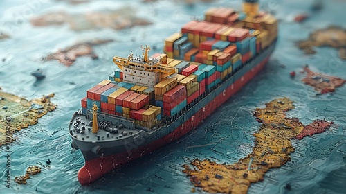 Tiny model cargo ships carrying miniature containers navigating through an old maritime chart showcasing the complexities and intricacies of global logistics and transportation networks