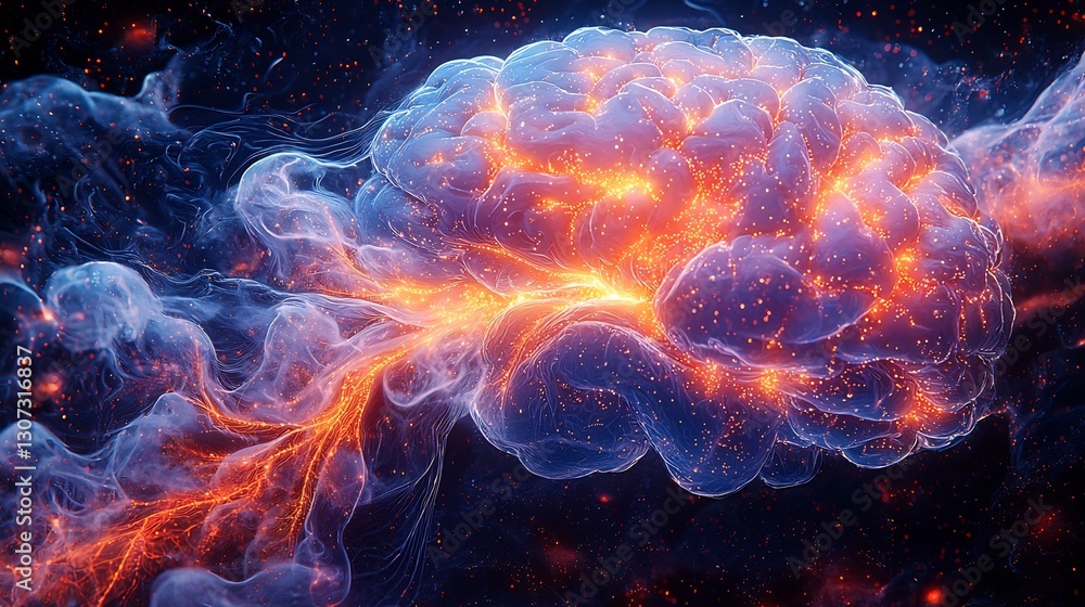 Fototapeta premium Brain illuminated with neon colors waves of energy pulsing through neural pathways representing the release of neurotransmitters during stimulant use in vivid electric hues