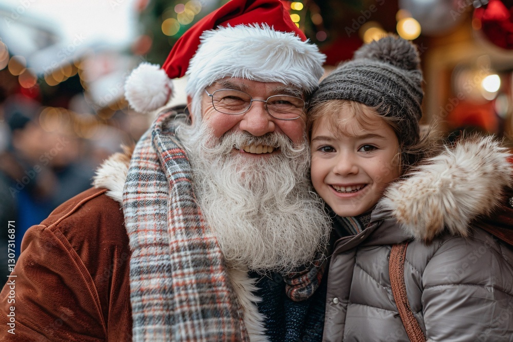 A cheerful Santa Claus stands close to a smiling child, both enjoying the festive atmosphere of a holiday market. The scene is filled with decorations, lights, and joyful faces. A cheerful Santa Claus stands close to a smiling child, both enjoying the festive atmosphere of a holiday market. The scene is filled with decorations, lights, and joyful faces.