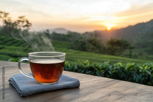 Steaming cup of tea enjoying sunrise over tea plantation
