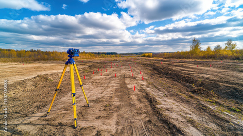 A surveying instrument is positioned on a yellow tripod in a cleared area. Bright orange markers are placed along the dirt pathway