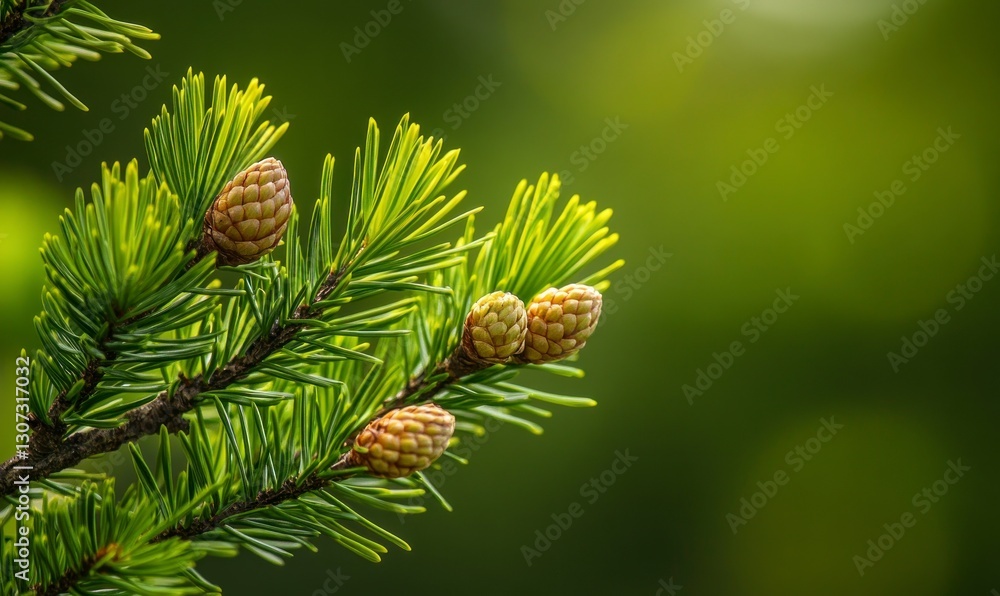 Close-up of Spruce Branch with Small Cones on a Green Background Close-up of Spruce Branch with Small Cones on a Green Background