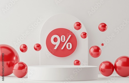3D rendering of a minimalist white podium with red spheres and a 9% discount sign.