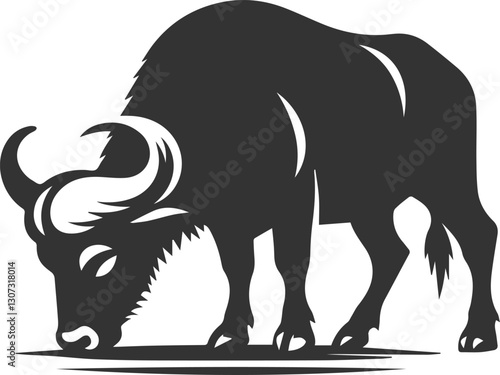 Buffalo with its nose close to the ground and sniffing animal vector silhouette