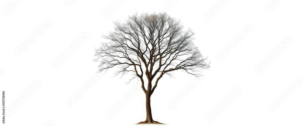 Fototapeta premium A solitary tree stands against a stark white backdrop, branches reaching skyward, leaves, nature