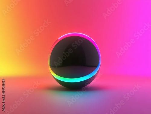 Smooth black sphere with colorful neon light reflection against a vibrant gradient backdrop showcasing modern and abstract artistic design elements