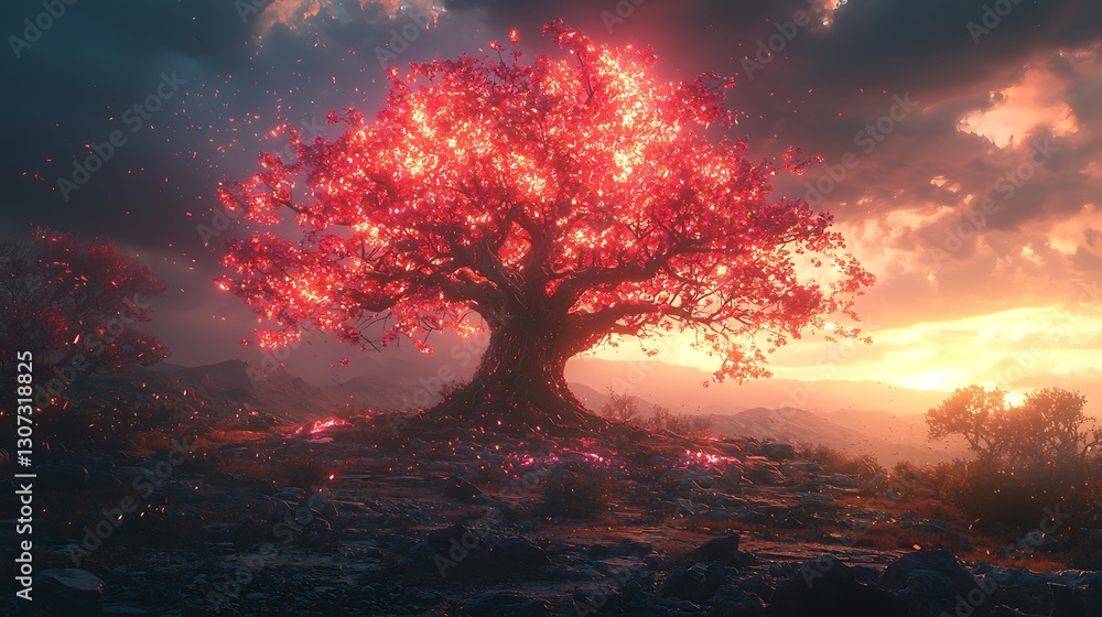 Radiant Red Tree Glowing in a Dreamlike Landscape at Sunset Radiant Red Tree Glowing in a Dreamlike Landscape at Sunset