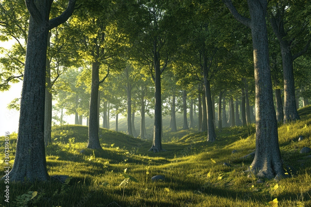 Naklejka premium Sunlight filters through trees in a peaceful forest during the early morning hours