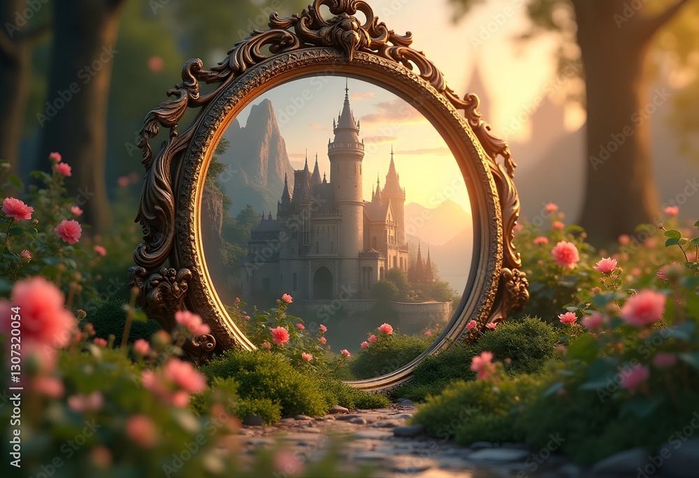 Obraz premium Magic portal surrounded by flowers in forest 