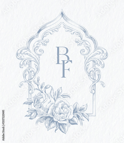 Wedding monogram with BF initials Design. Wedding crest with flowers line Art illustration. 