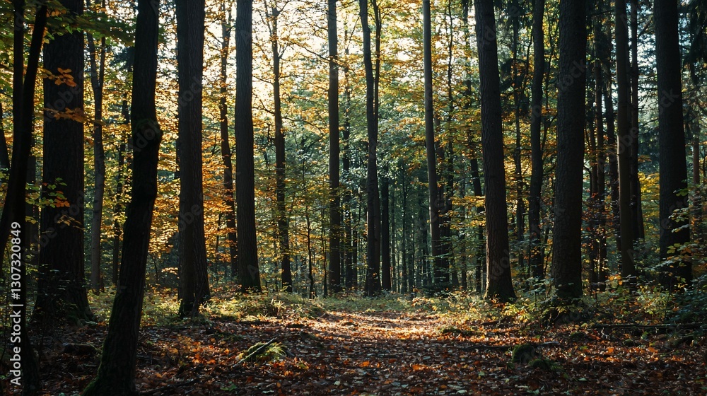Fototapeta premium Sunlit pathway winds through the colorful dense forest trees
