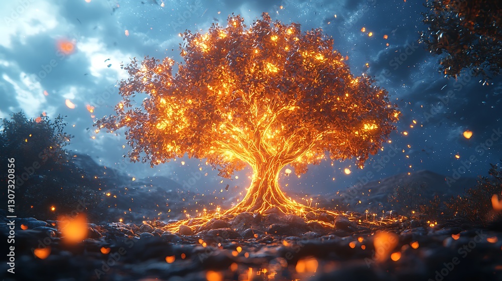 Naklejka premium Glowing Tree of Life Landscape with Fantasy Light and Dark Sky