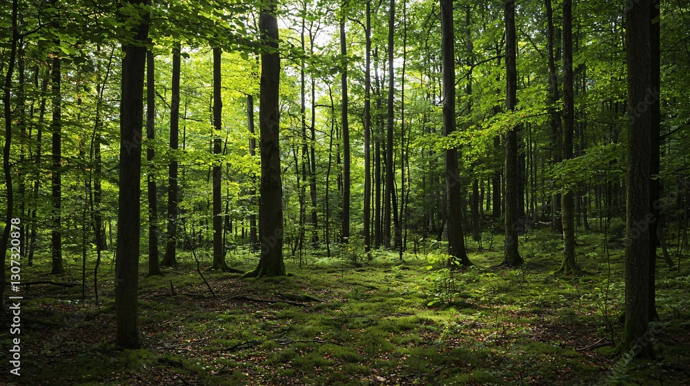Fototapeta premium A lush green forest scene with tall trees and foliage