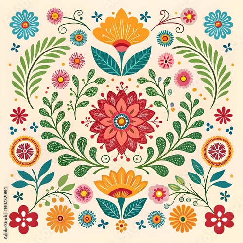 Vector set of traditional Mexican folk ornaments with symmetrical pattern of colorful flowers and leaves on light background. Floral motifs. Flat designs for textile printing, decor, packaging, cards
