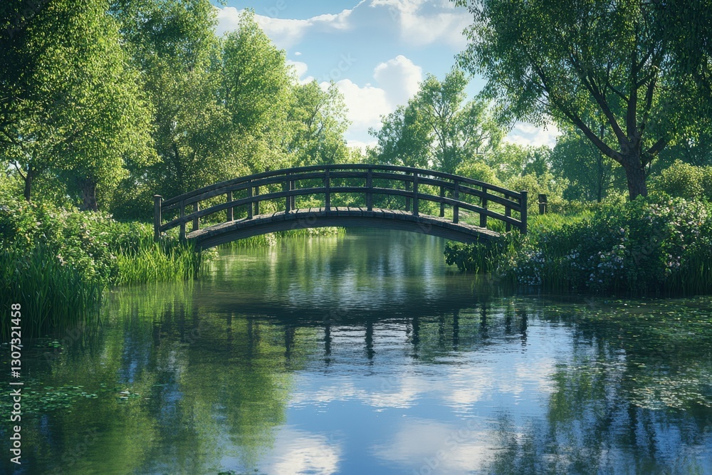 Tranquil park scene with a wooden bridge over a calm river on a sunny day Tranquil park scene with a wooden bridge over a calm river on a sunny day
