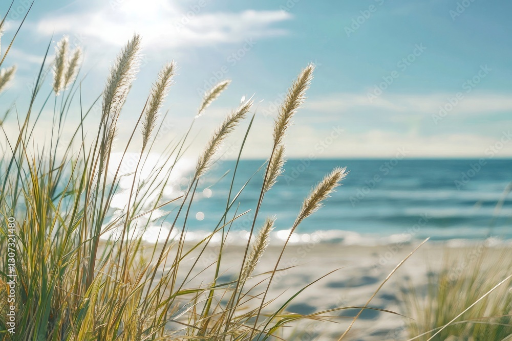 Serene Beach Grass Swaying Gently In A Summer Breeze, Bathed In Warm Sunlight Against A Calm Ocean Backdrop Serene Beach Grass Swaying Gently In A Summer Breeze, Bathed In Warm Sunlight Against A Calm Ocean Backdrop