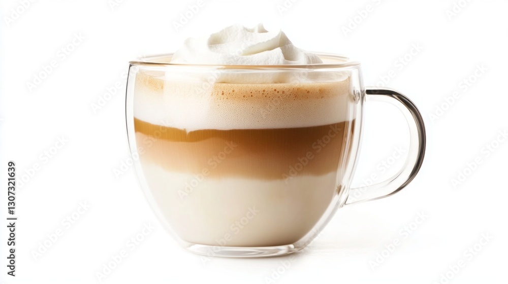 A beautifully crafted cappuccino features rich layers of milk and coffee, topped with fluffy whipped milk. The clear glass cup showcases the delightful contrast, inviting a cozy moment A beautifully crafted cappuccino features rich layers of milk and coffee, topped with fluffy whipped milk. The clear glass cup showcases the delightful contrast, inviting a cozy moment