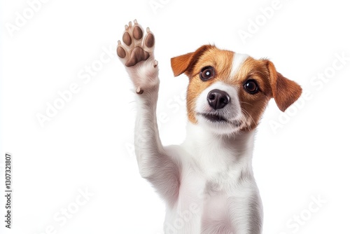 Happy Dog Raising Paw - Adorable Jack Russell Terrier puppy raises its paw in greeting, set against a clean white background photo